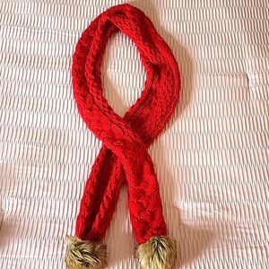 Red Knit Scarf with Faux Fur Pom Poms